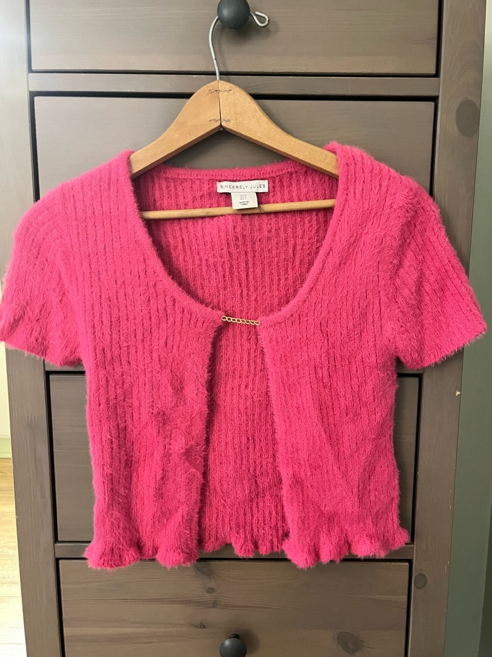 Sincerely Jules Hot Pink Fuzzy Short-Sleeve Sweater with Chain Detail